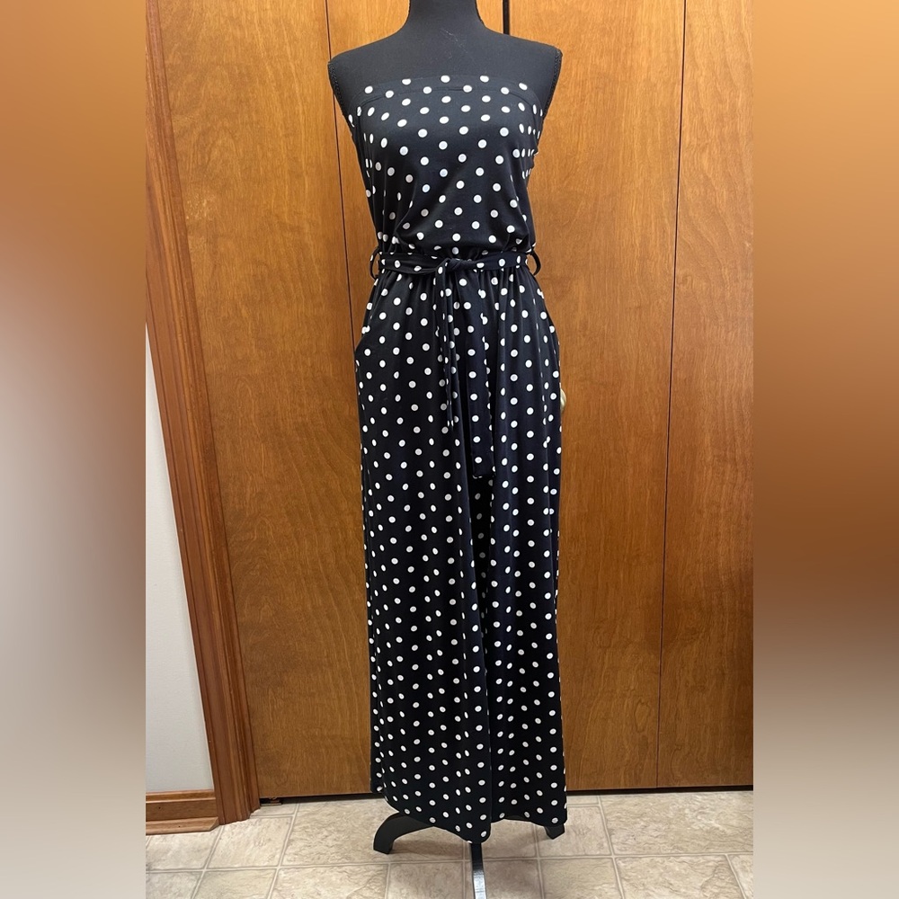 Polka Dot Black and White Sleeveless Jumpsuit with Flowing pants